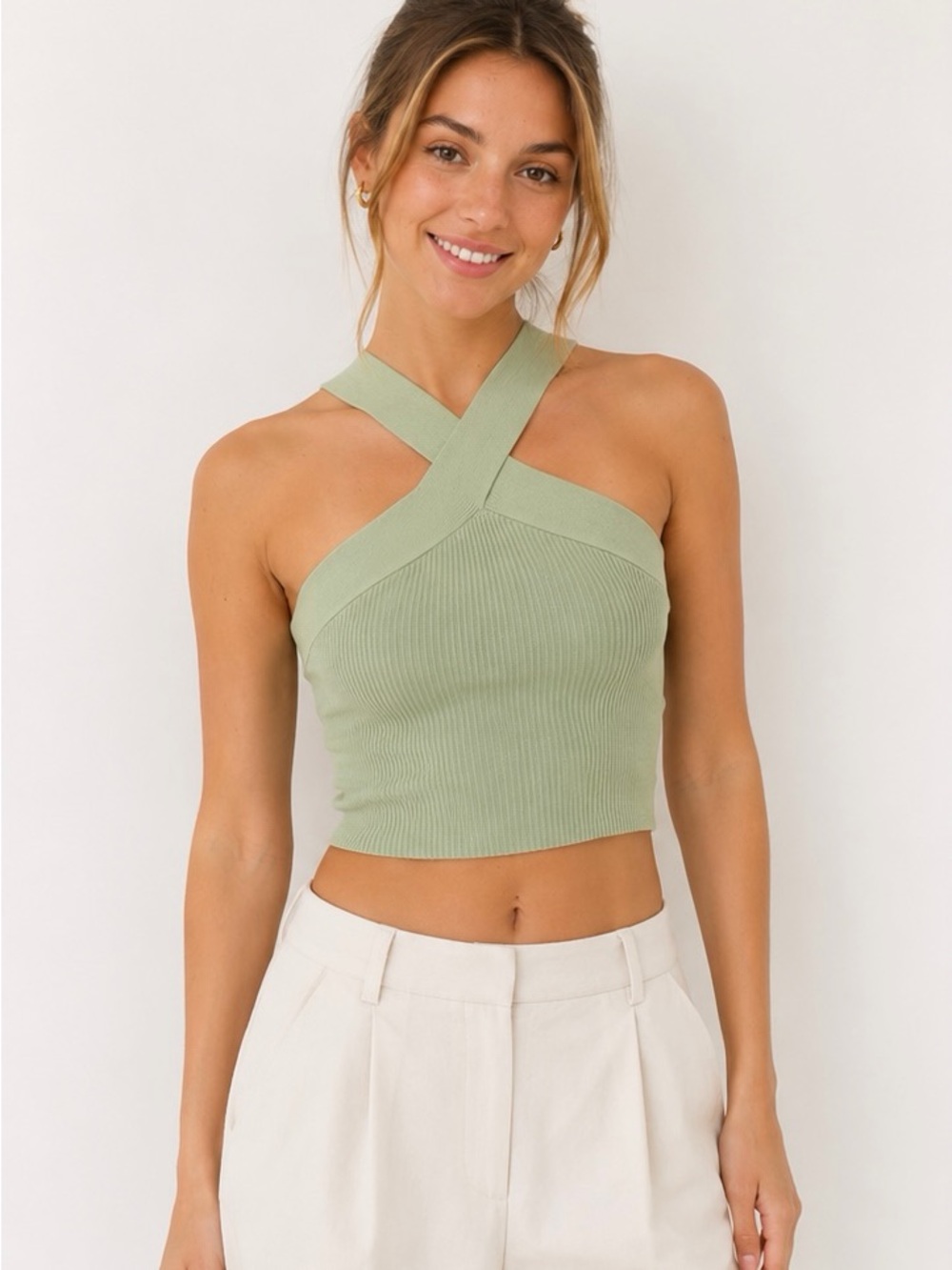 Aritzia Ribbed Cross-Strap Crop Top - Sage